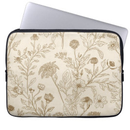 Antikes Sepia-Botanik-Linienkunst-Blumenmuster Laptopschutzhülle