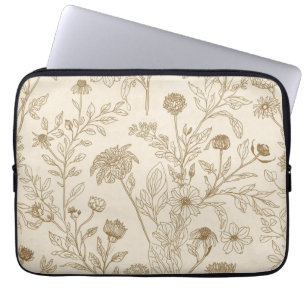 Antikes Sepia-Botanik-Linienkunst-Blumenmuster Laptopschutzhülle