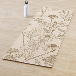 Antikes Sepia-Botanik-Linienkunst-Blumenmuster Yogamatte
