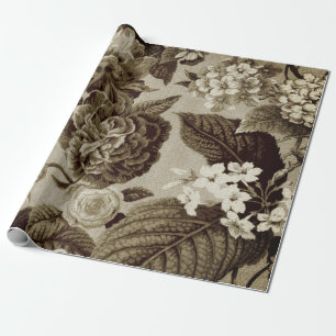 Antikes Sepia-Braun Vintage-Botanik-Blumen-Toile Geschenkpapier