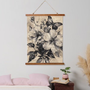 Antikes Sepia-Hibiskus-Schmetterlingsbouquet Wandteppich Mit Holzrahmen