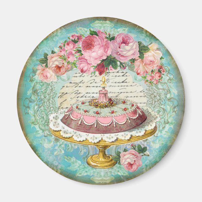 Antikes Shabby Chic Rose & Cake Patisserie Magnet (Vorne)