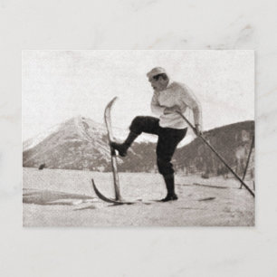Antikes Ski-Bild, Holzskier, einzelner Stock Postkarte