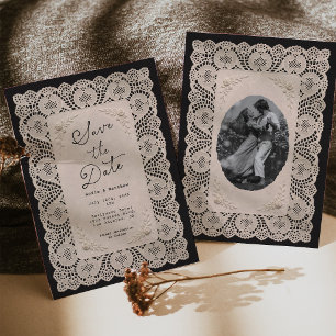 Antikes Spitzen-Doily Schwarz Save the Date Einladung