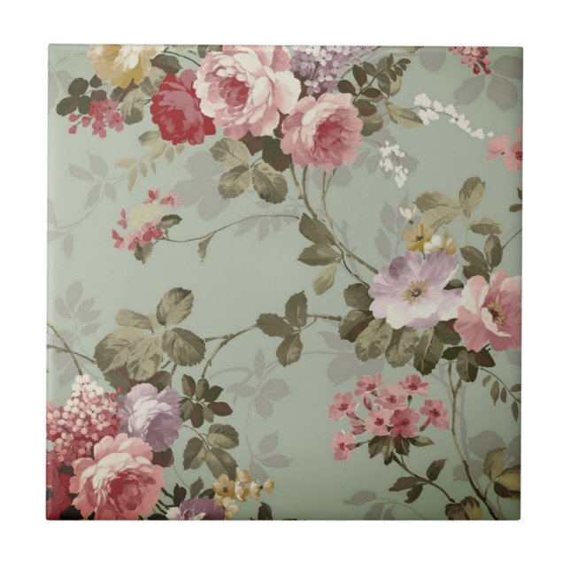 Antikes staubiges olivgrünes Blumenmuster Fliese (Vorderseite)