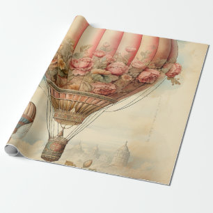 Antikes Steampunk-Rosa-Blumenmuster-Heißluftballon Geschenkpapier