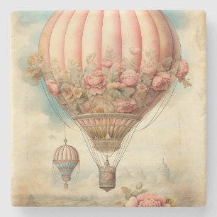 Antikes Steampunk-Rosa-Blumenmuster-Heißluftballon Steinuntersetzer