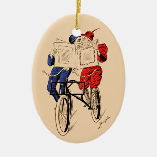 Antikes Tandem-Fahrradpaar liest und küsst Keramik Ornament