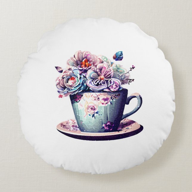 Antikes Teakholz mit Vintagen Blume Rundes Kissen (Vorderseite)
