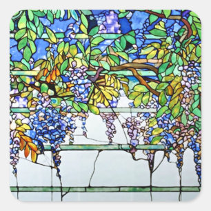 Antikes Tiffany-Buntglas Wisteria-Blumenkunst Quadratischer Aufkleber