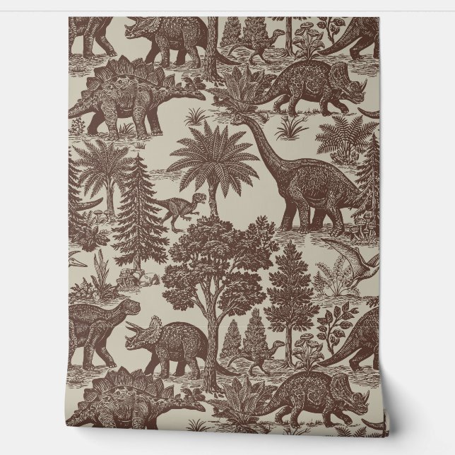 Antikes Toile-Muster mit Dinosauriern Tapete (Abrollen)