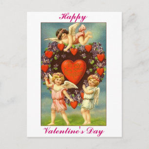 Antikes Valentinsmotiv mit 3 Cupidos und roten Her Feiertagspostkarte