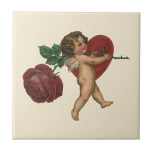 Antikes Valentinstag-Cherub und viktorianische Ros Fliese