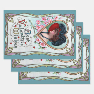 Antikes Valentinstag, elegante Frau in einem Herze Geschenkpapier Set