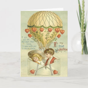 Antikes Valentinstag-Heißluftballon Feiertagskarte