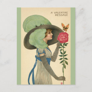 Antikes Valentinstag, Lady rote Rose Schmetterling Feiertagspostkarte