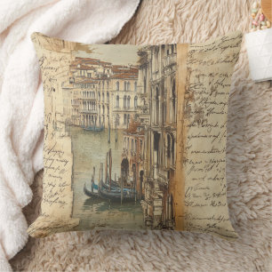 Antikes Venedig-Kanal mit handgeschriebener Schrif Kissen