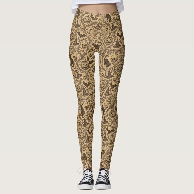 Antikes viktorianisches Halloween-Muster mit Geist Leggings (Vorderseite)
