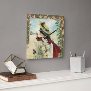 Antikes viktorianisches Kind, Mädchen bläst Bugler Quadratische Wanduhr