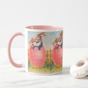 Antikes viktorianisches Ostergrußbild Zwei Hasen k Tasse