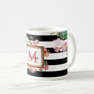 Antikes Vintage-Blumen- und Streifen-Monogramm Kaffeetasse