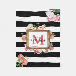 Antikes Vintage-Blumen- und Streifenmonogramm Fleecedecke