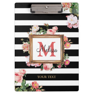 Antikes Vintage-Blumen- und Streifenmonogramm Klemmbrett