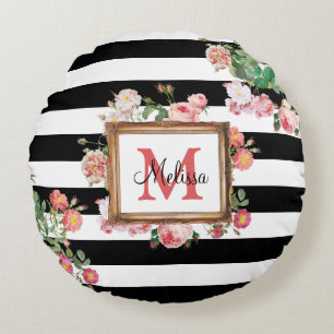 Antikes Vintage-Blumen- und Streifenmonogramm Rundes Kissen