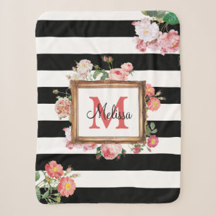 Antikes Vintage-Blumen- und Streifenmonogramm Sherpadecke