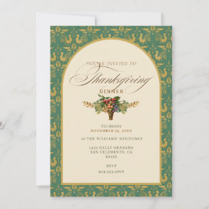 Antikes Vintage Türkis & Gold Thanksgiving-Dinner Einladung