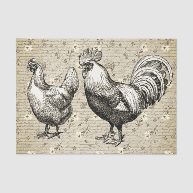 Antikes Vintages Beige Rooster Hen Französisches S Seidenpapier (Vorderseite)