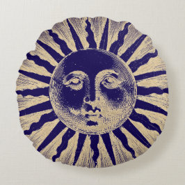 Antikes Vintages Gold Blue Sun Gesicht Rundes Kissen