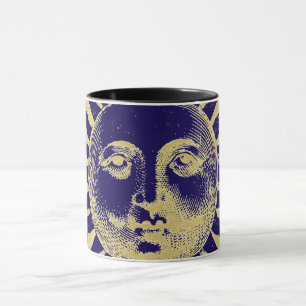 Antikes Vintages Gold Blue Sun Gesicht Tasse
