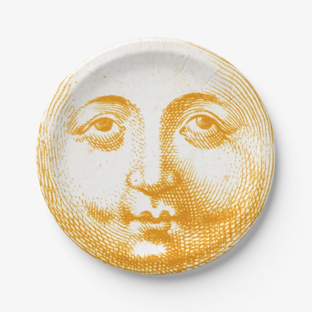 Antikes Vintages goldgelbes Sonnengesicht Pappteller (Vorderseite)