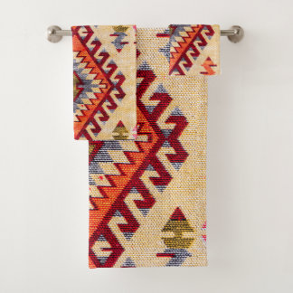 Antikes Vintages Orientalisches Rotes Beige Kilim Badhandtuch Set