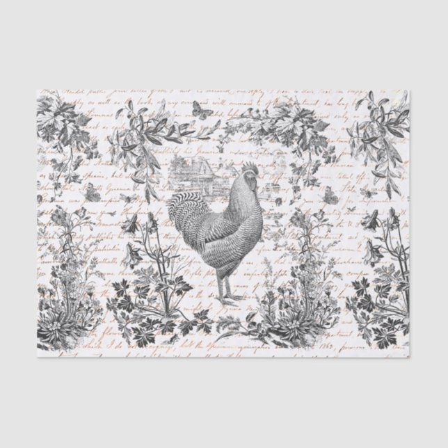 Antikes Vintages Rooster Graues Blumenbild Seidenpapier (Vorderseite)