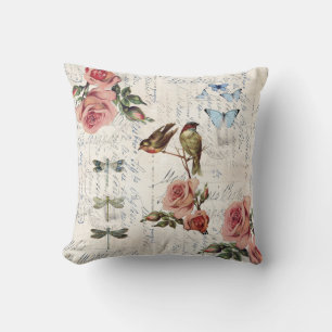 Antikes Vögel Rosen Libelle Creme Kissen