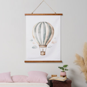 Antikes Wasserfarben Blau und Creme Heißluftballon Wandteppich Mit Holzrahmen