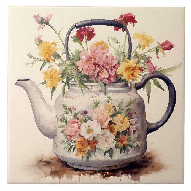 Antikes Wasserfarben-Teekessel mit Blumen Fliese (Vorderseite)