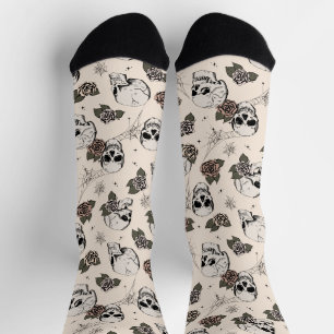 Antikes Weiß Gothic Totenköpfe und Rosen Floral Socken
