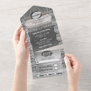 Antikes Weiß Spitze Grau Holz Silber Hochzeit All In One Einladung