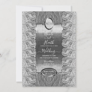Antikes Weißspitzen-Grau Holz Silber Hochzeit   Einladung