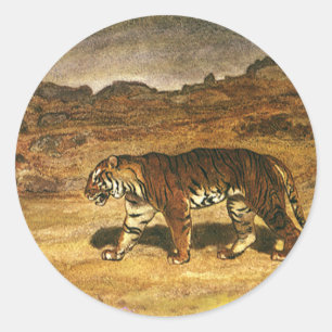 Antikes Wildtier, Bengal-Tiger durchstreift Ebenen Runder Aufkleber
