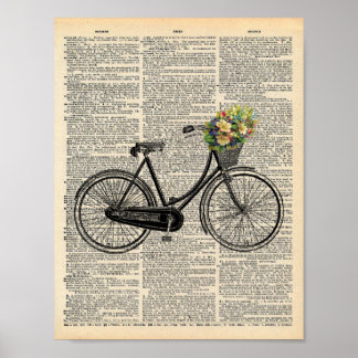 Antikes Wörterbuch-Wandkunst-Fahrrad mit Blumen Poster
