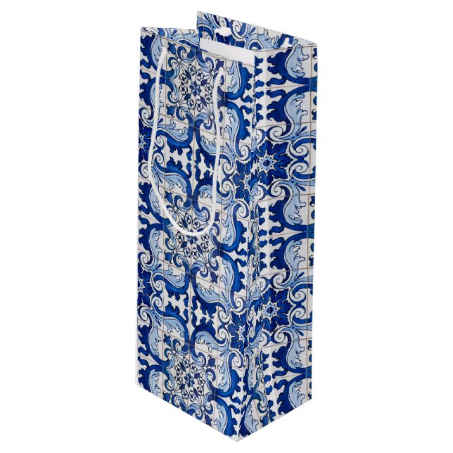 Antique Azulejo Tile Blumenmuster Geschenktüte Für Weinflaschen (Vorderseite Schrägansicht)