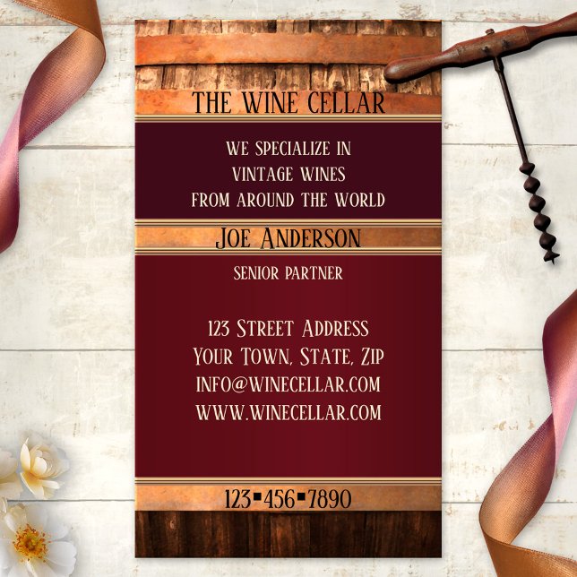Antique Barrel Rustic Wine Seller Business Card Visitenkarte (Business card featuring a rustic wine barrel with stylized rose gold - winery - vineyard - sommelier)