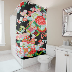 Antique Black Red Japanisch Kimono Blume Duschvorhang