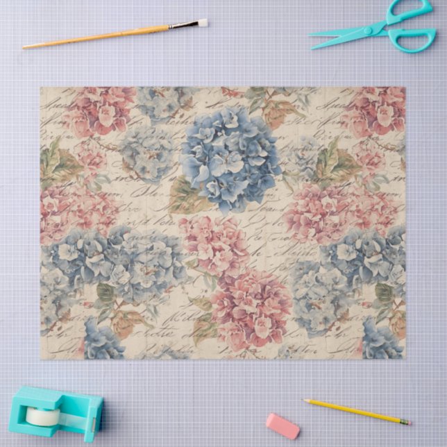 Antique Blue and Pink Hydrangea Ephemera Script  Seidenpapier (Basteln)