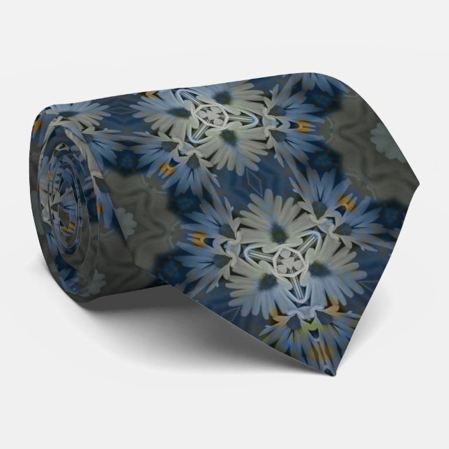 Antique Blue Daisy Floral Krawatte (Gerollt)