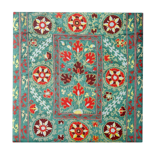 ANTIQUE BLUE RED WHITE FLORAL UZBEK EMBROIDERY FLIESE (Vorderseite)